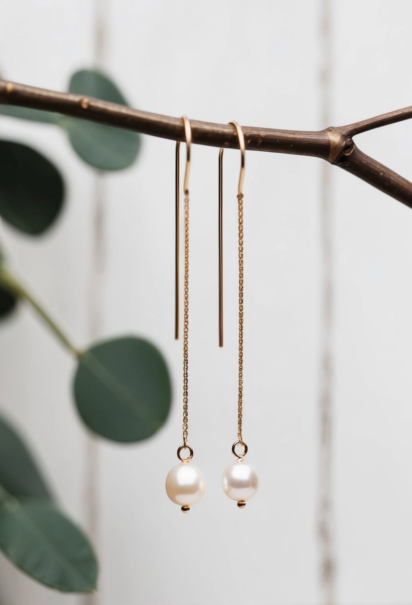 A pair of minimalist pearl threader earrings delicately hanging against a white backdrop