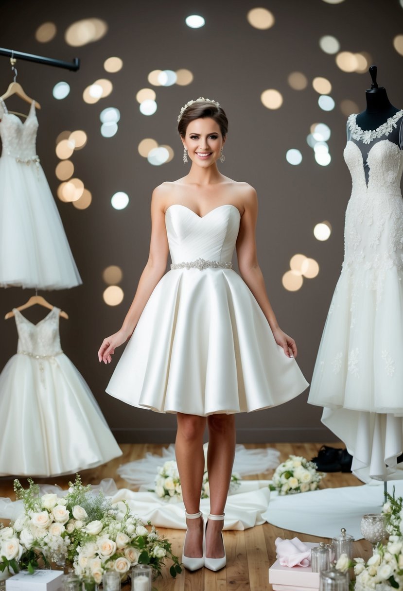 A short bride in a mini wedding dress with a flared skirt, surrounded by various wedding dress ideas