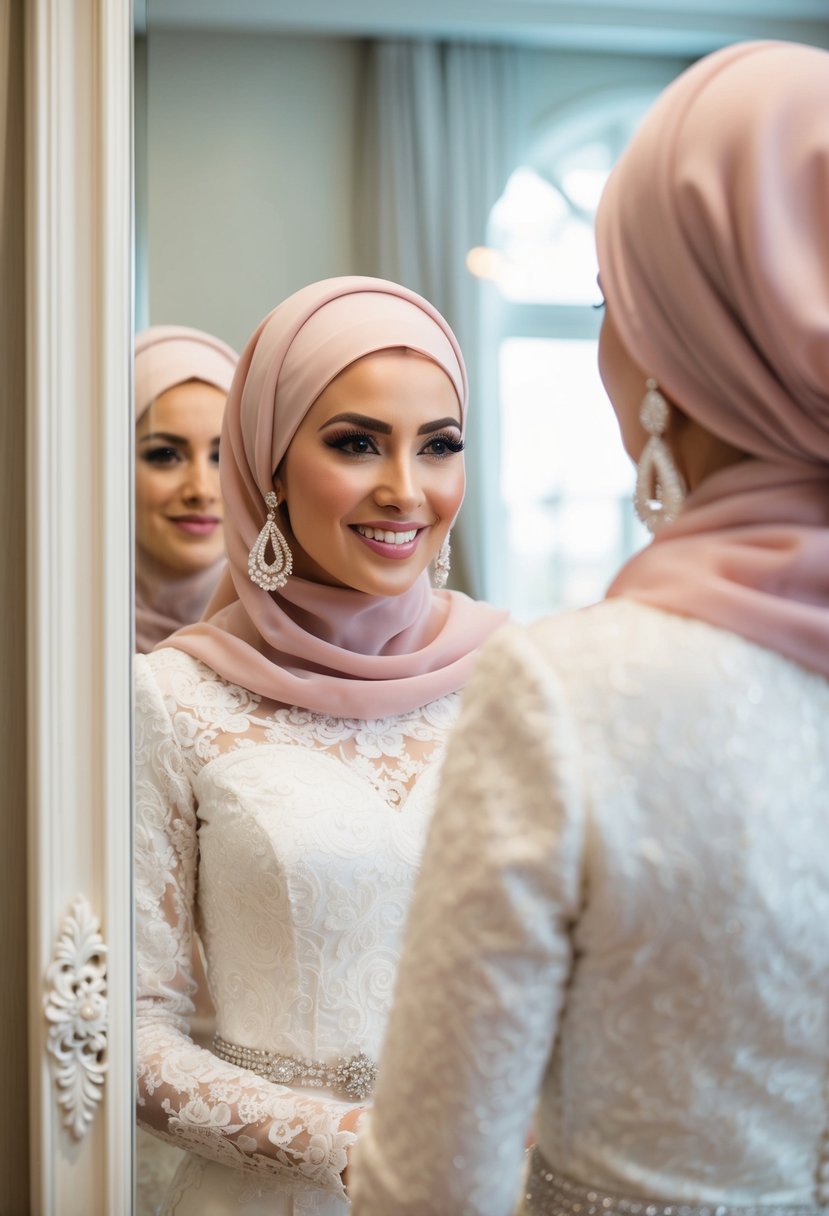 A bride in a hijab wearing triple twist teardrop dangle earrings, standing in front of a mirror admiring her wedding attire