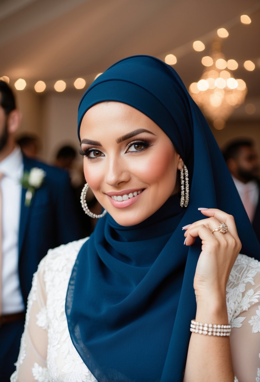 A woman wearing a high tied hijab adorned with hoop earrings at a wedding