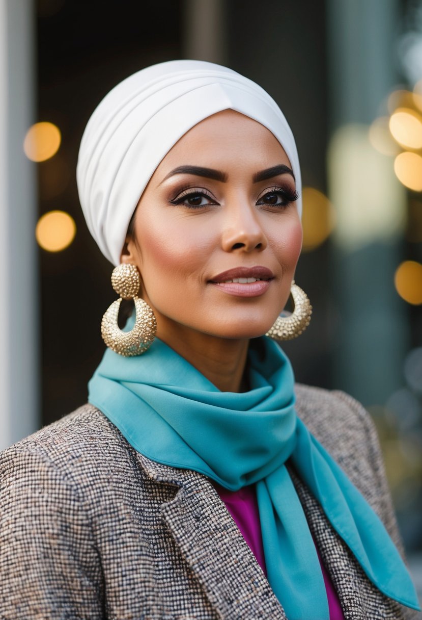 A woman wearing a bold statement earrings and a turban-style hijab, looking elegant and confident