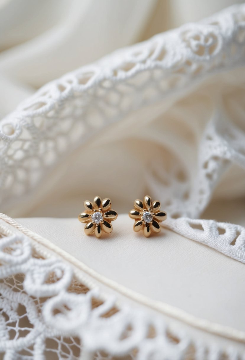 A close-up of gold stud earrings against a backdrop of a white hijab with delicate lace details