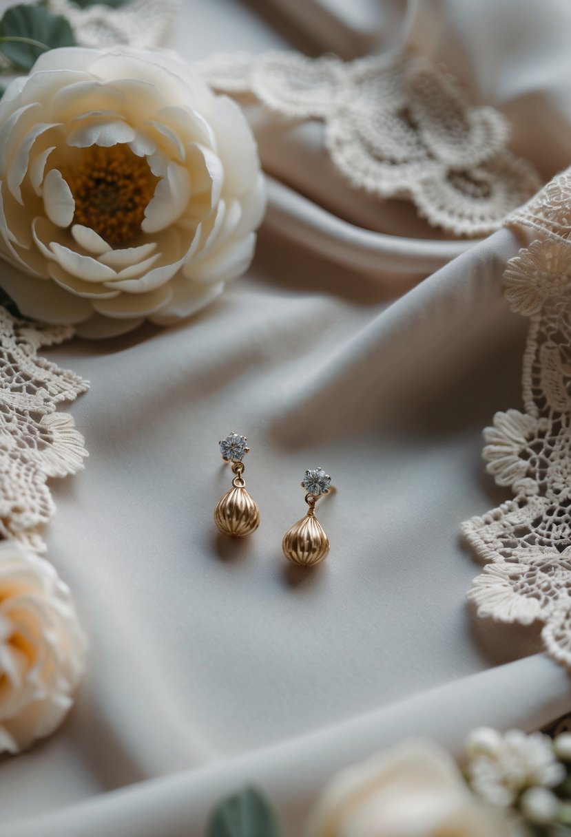 A pair of delicate drop earrings resting on a soft, flowing fabric, surrounded by elegant floral motifs and intricate lace details