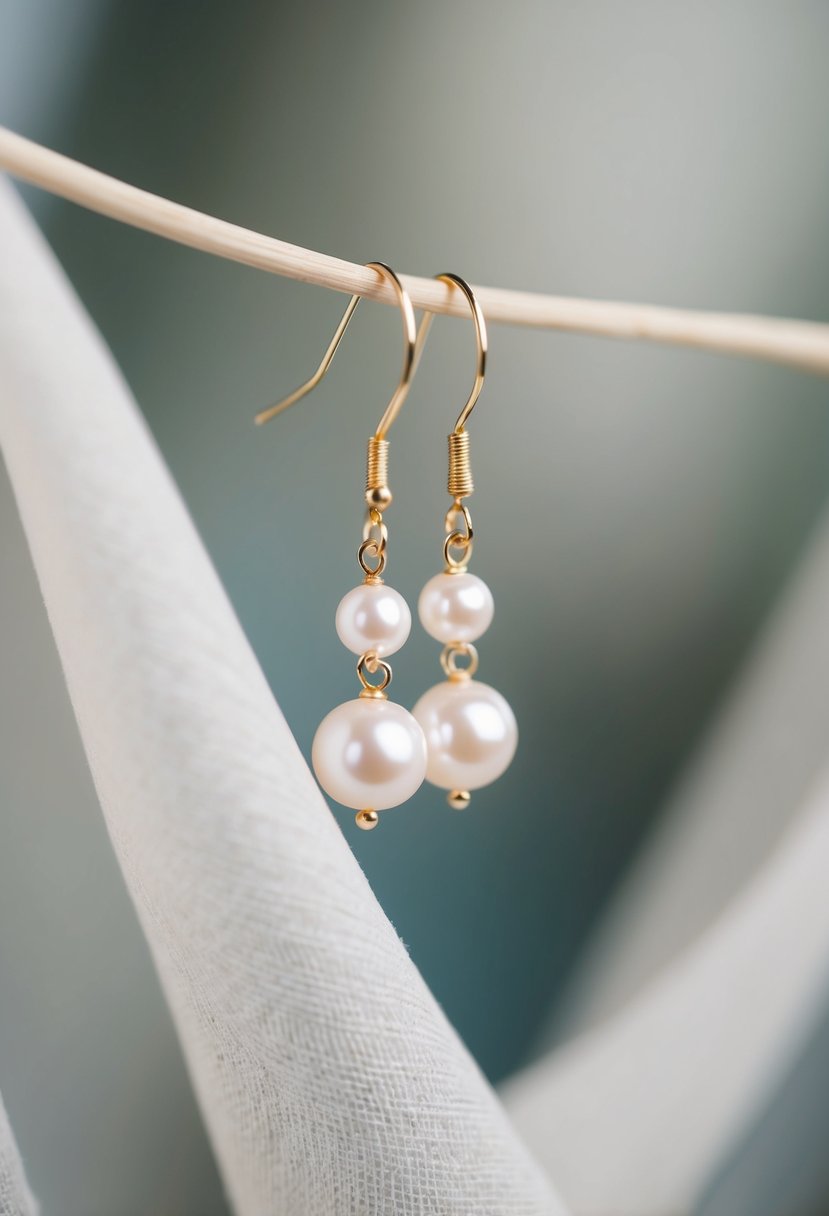 A delicate pair of pearl earrings hanging from a hook, with a soft, flowing fabric in the background