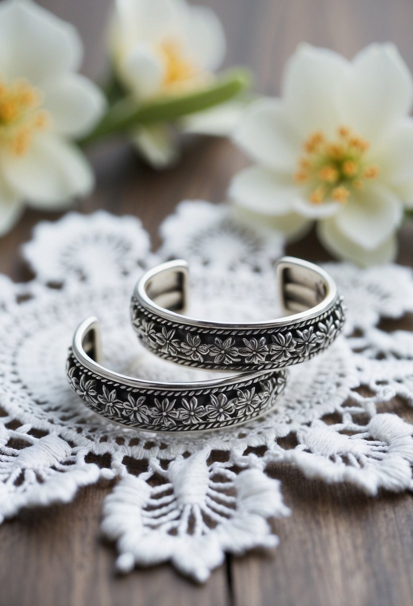 A pair of sterling silver cuff earrings displayed on a white lace background, surrounded by delicate floral motifs