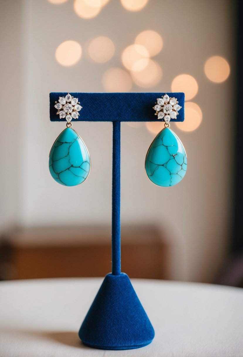 A pair of elegant turquoise wedding earrings displayed on a velvet jewelry stand