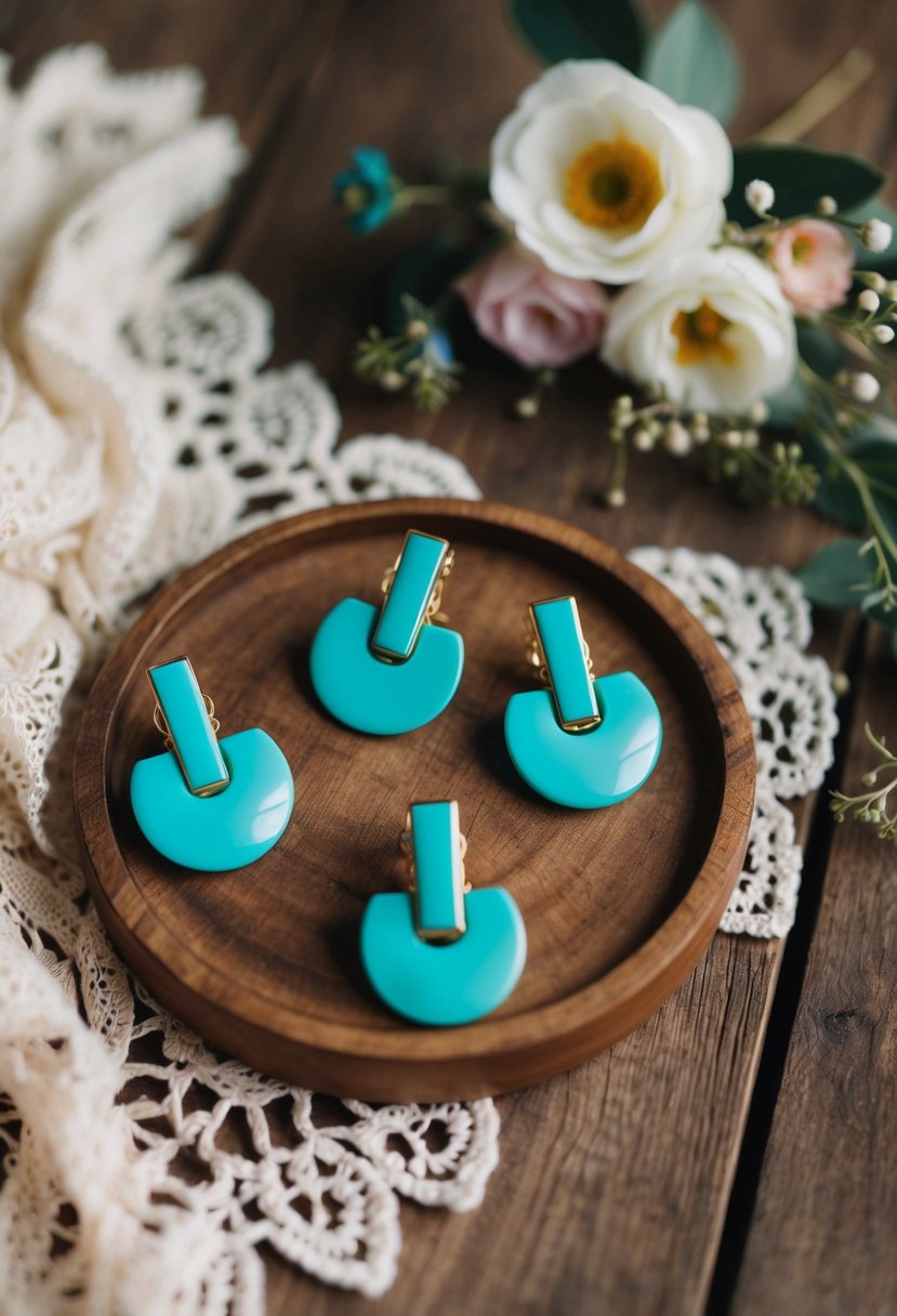 A bohemian-inspired scene with turquoise clip earrings displayed on a rustic wooden table, surrounded by delicate lace and floral accents