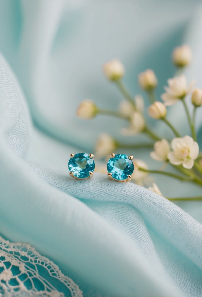 A close-up of aquamarine stud earrings against a soft, flowing fabric backdrop, with delicate lace and floral details