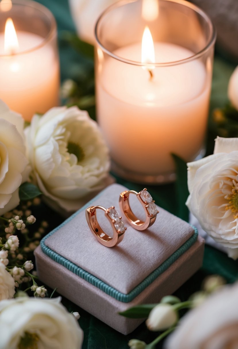 A pair of rose gold diamond huggie earrings displayed on a velvet cushion, surrounded by delicate wedding flowers and soft candlelight