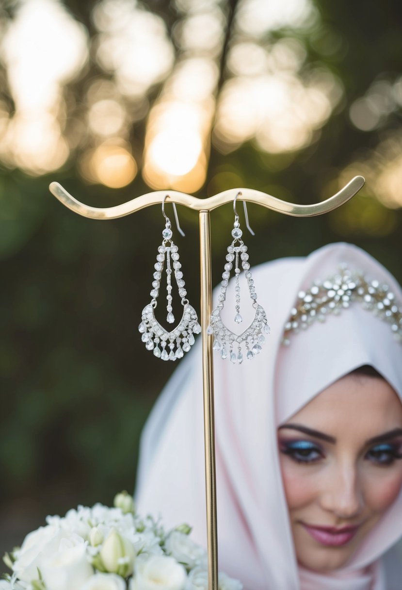 A sparkling pair of chandelier earrings dangle from a delicate stand, catching the light and adding a touch of glamour to a bridal hijab ensemble