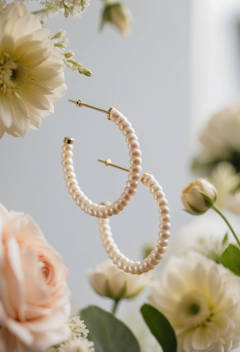 A pair of minimalist pearl huggie hoops suspended in mid-air, surrounded by delicate wedding flowers and soft lighting