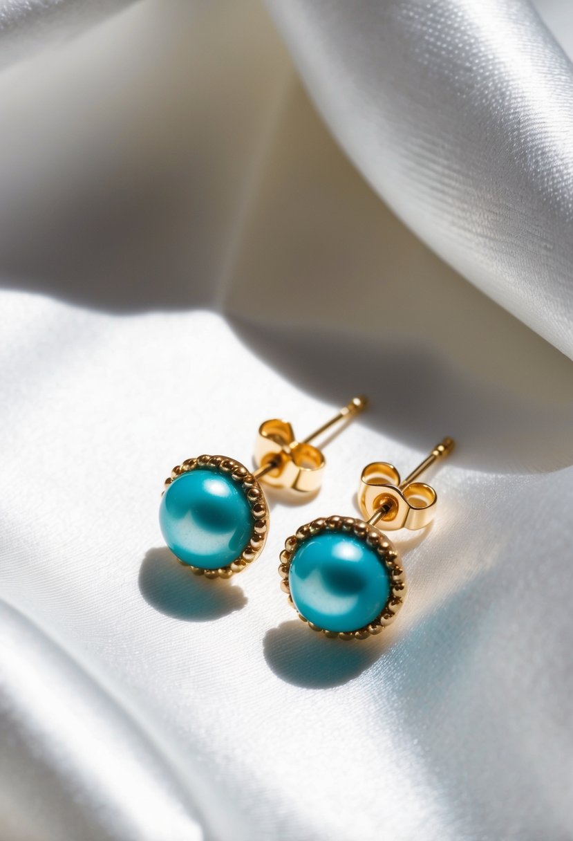 A close-up of turquoise and pearl stud earrings on a white satin fabric background, with soft natural light illuminating the delicate details