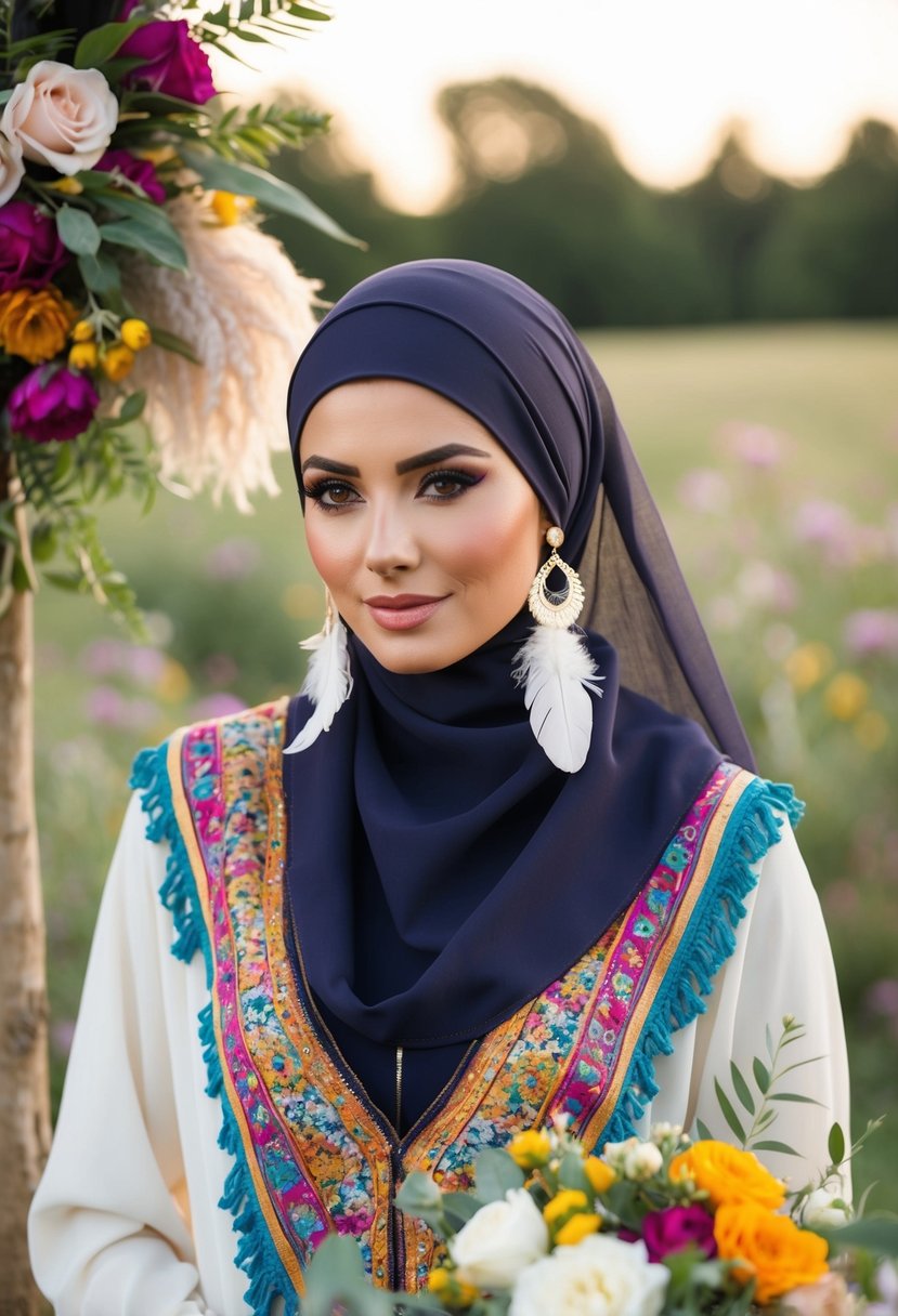 A bohemian-style hijab wedding scene with feather earrings, featuring colorful textiles and floral accents