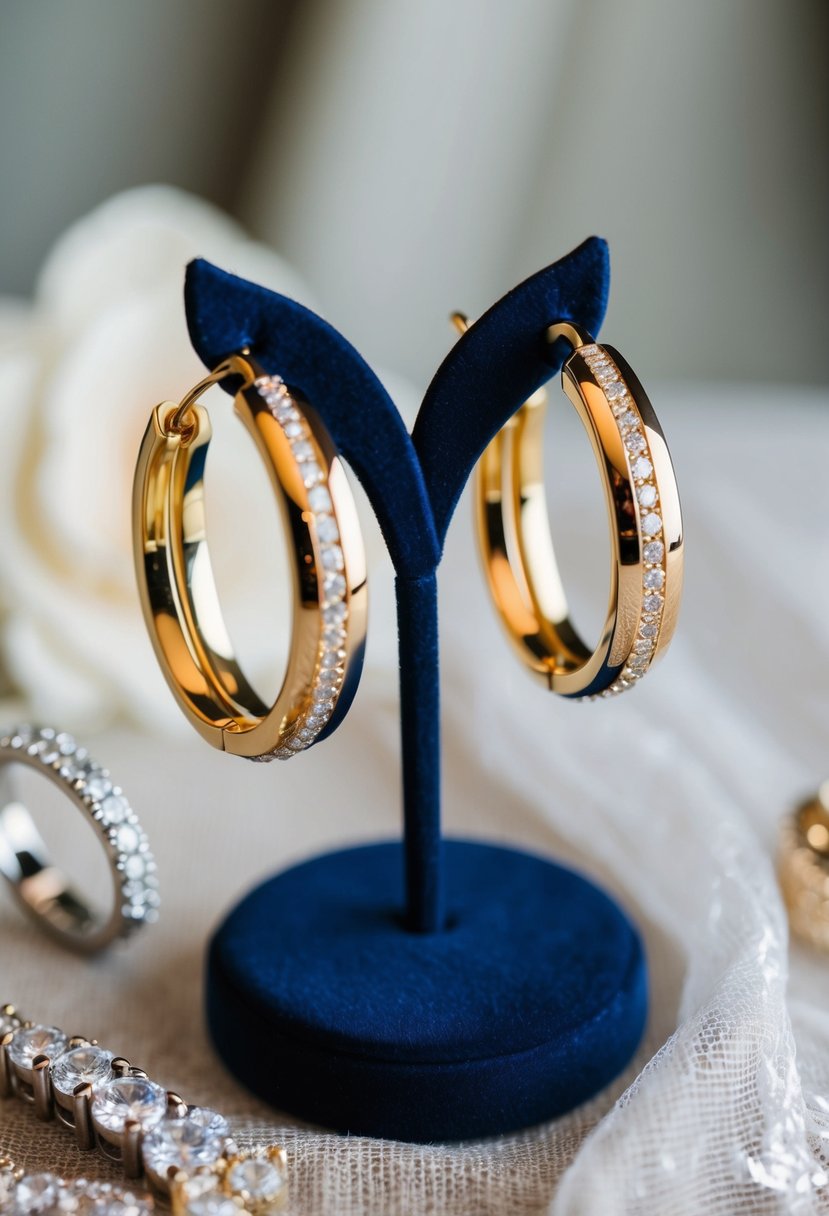 A pair of tri-tone gold crossover hoop earrings displayed on a velvet jewelry stand, surrounded by sparkling diamond wedding bands and delicate lace fabric