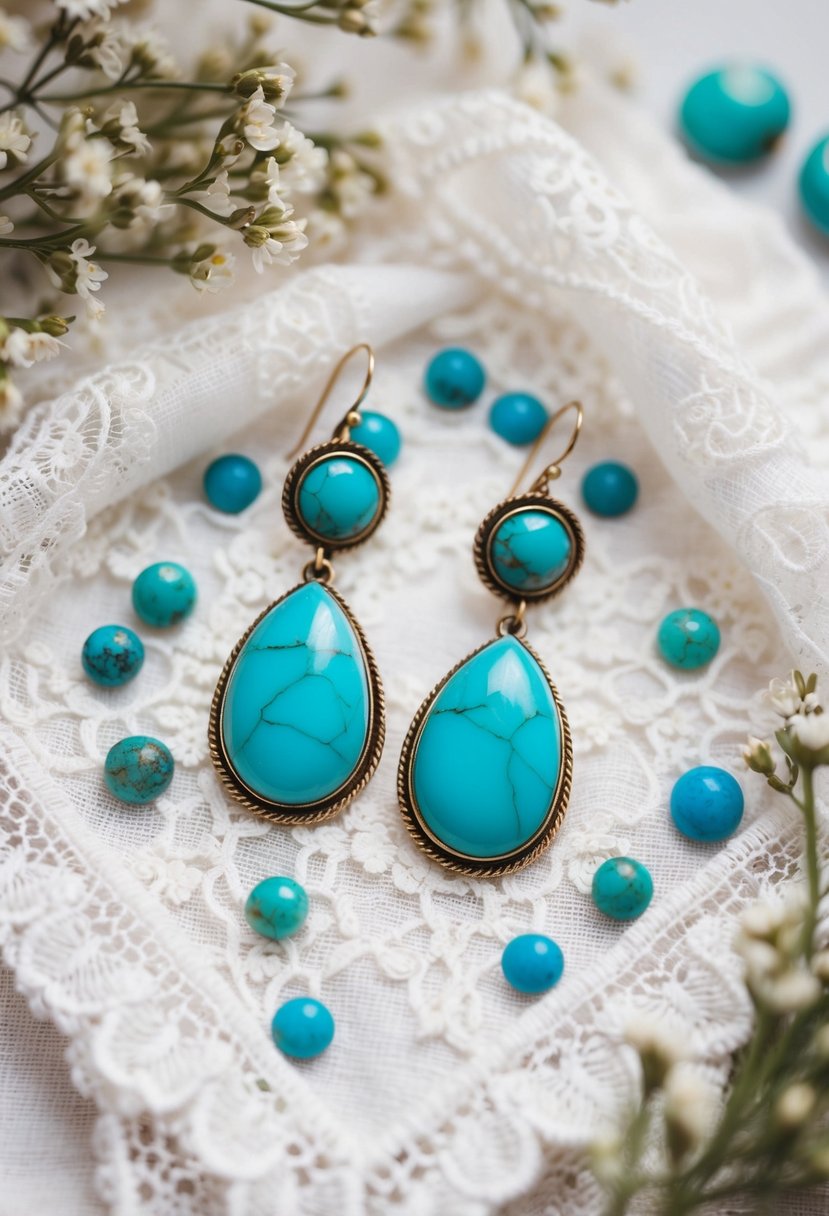 A pair of custom handmade turquoise dangle earrings displayed on a white lace fabric with delicate floral accents, surrounded by small turquoise gemstones