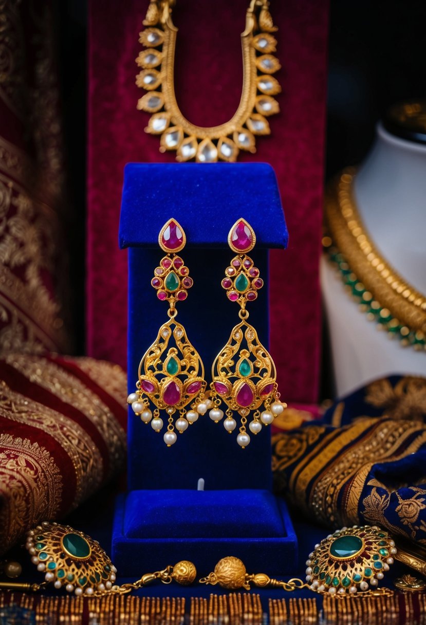 A pair of ornate gold and ruby earrings hang from a velvet display, surrounded by richly patterned fabrics and traditional Middle Eastern jewelry