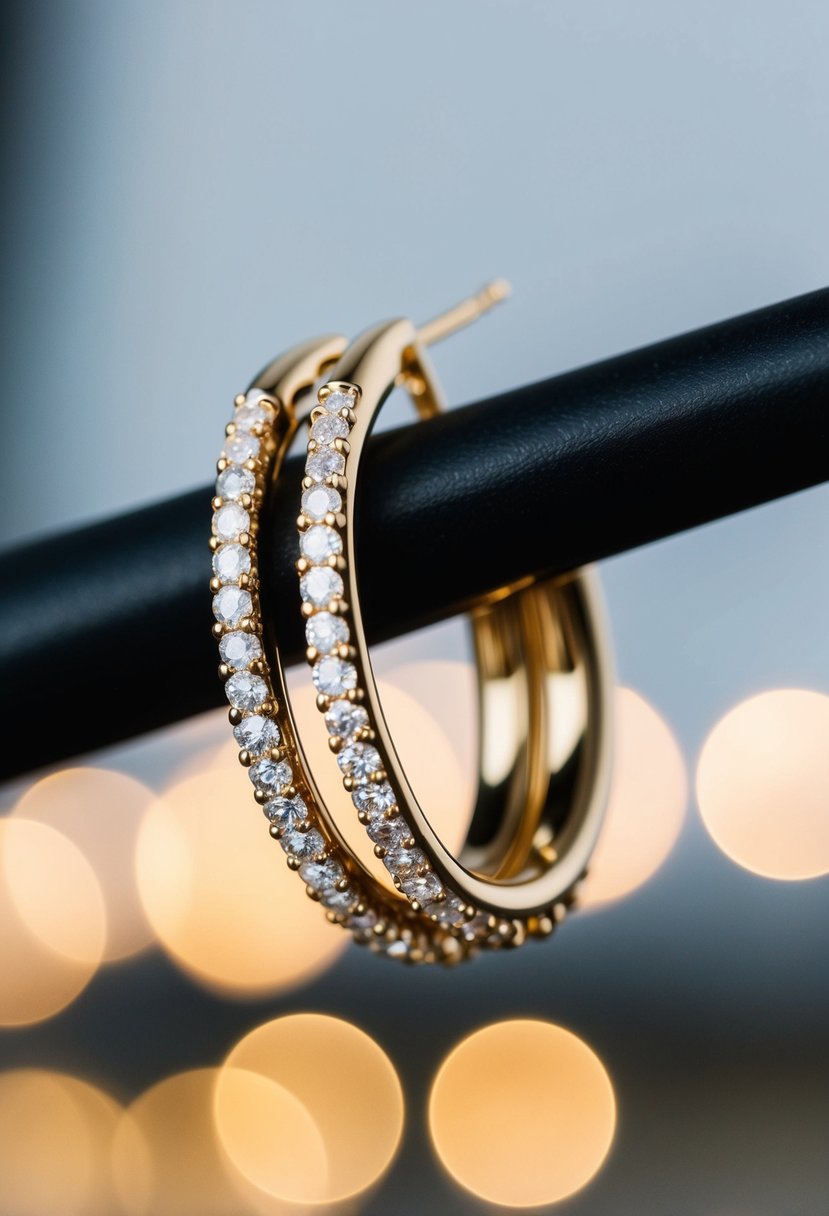 A pair of 14k solid gold diamond hoop earrings, delicately hugging each other, catching the light with their shimmering brilliance