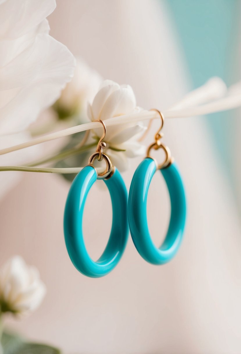 A close-up of vintage-inspired turquoise hoops against a soft, romantic backdrop, evoking ideas for turquoise wedding earrings