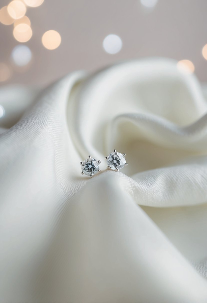 A close-up of delicate diamond studs against a soft, flowing fabric backdrop, exuding simple sophistication for a hijab wedding