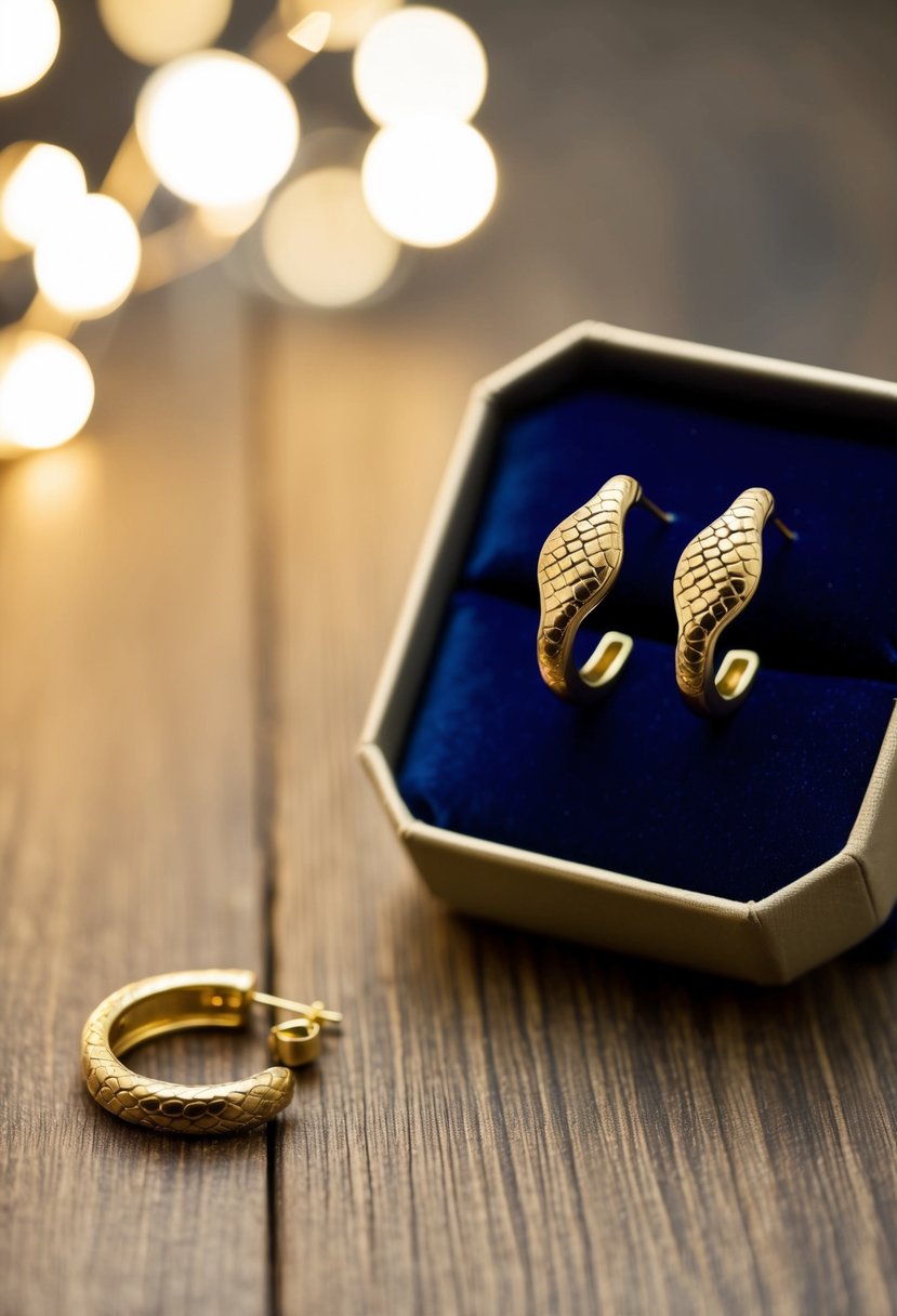 A pair of gold huggie earrings with a snake design, displayed on a velvet cushion with soft lighting