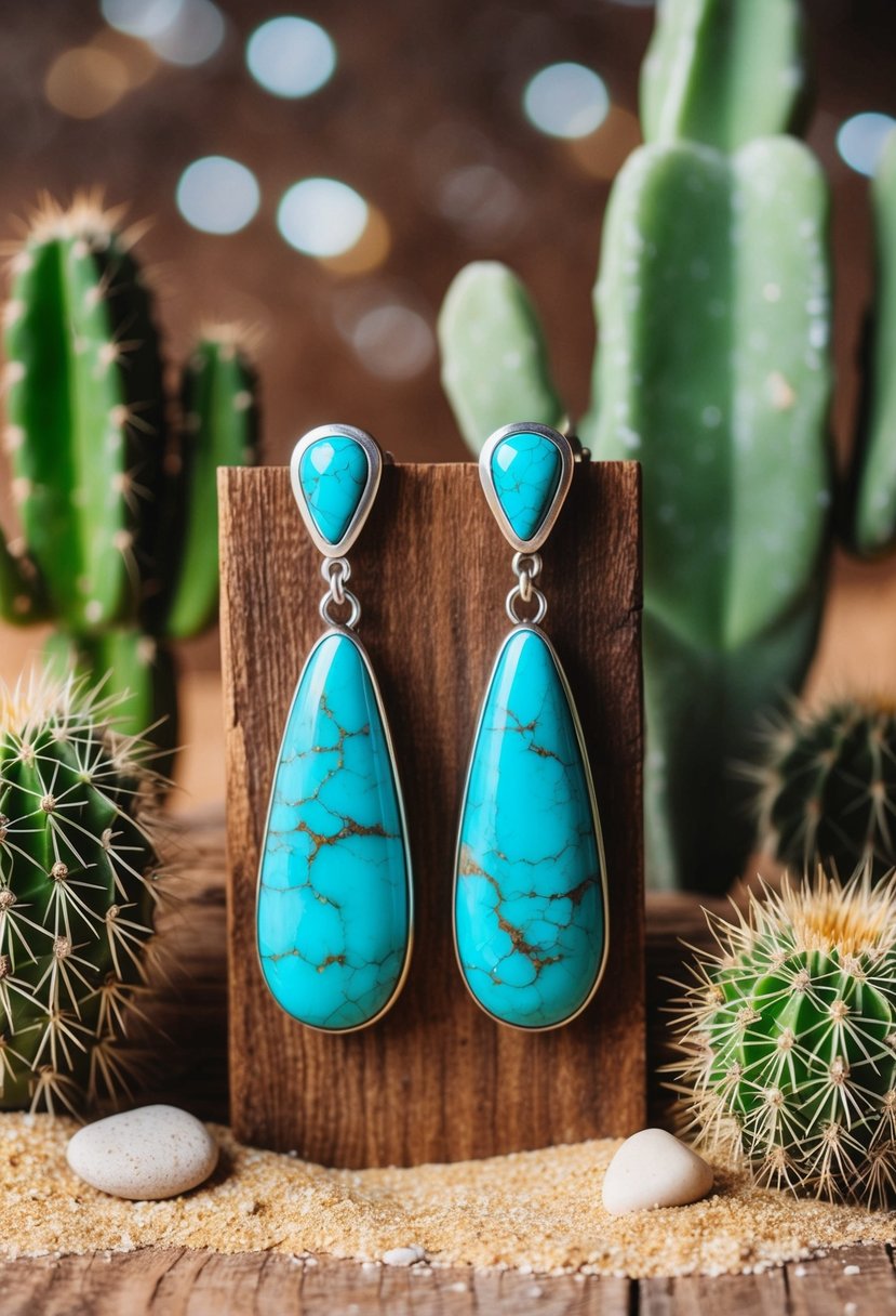 A pair of Southwestern turquoise drop earrings displayed on a rustic wooden surface, surrounded by desert-inspired elements like cacti and sand