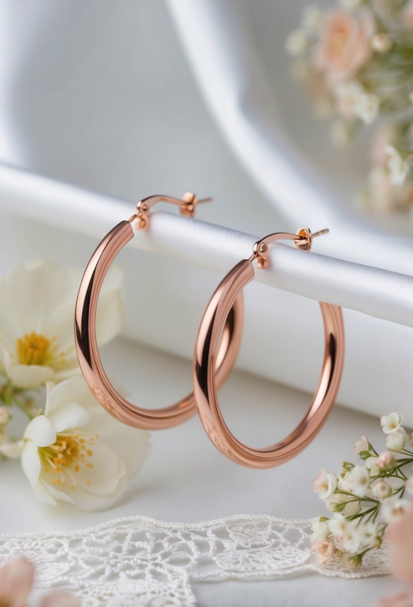 Rose Gold Hoop Earrings hanging from a white satin backdrop, surrounded by delicate lace and floral accents