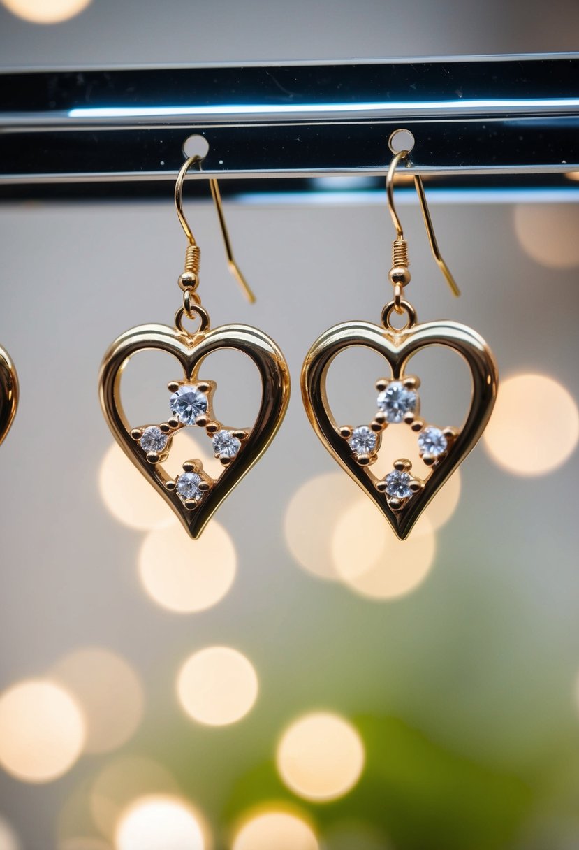 A pair of heart-shaped earrings with delicate accents, designed for a wedding, hanging from a display