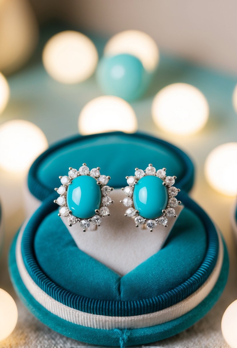 A pair of stunning turquoise and diamond halo earrings displayed on a velvet cushion, surrounded by soft lighting to showcase their elegance