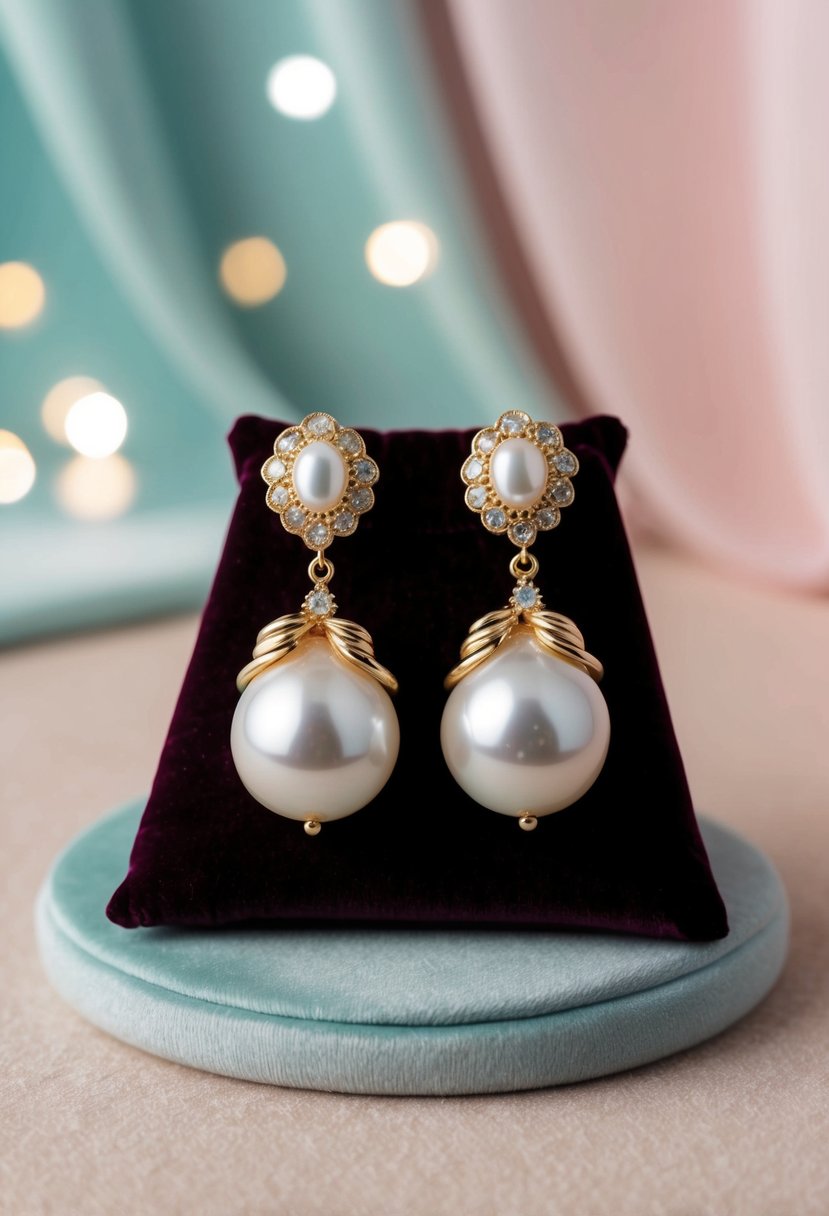 A pair of baroque pearl earrings with a hijab twist, elegantly displayed on a velvet cushion against a soft, pastel backdrop