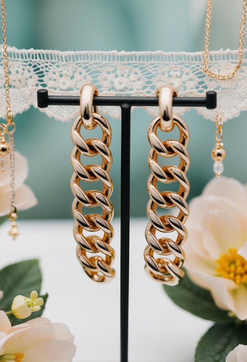 A pair of chunky chain huggies dangle from a jewelry display, surrounded by delicate lace and floral accents