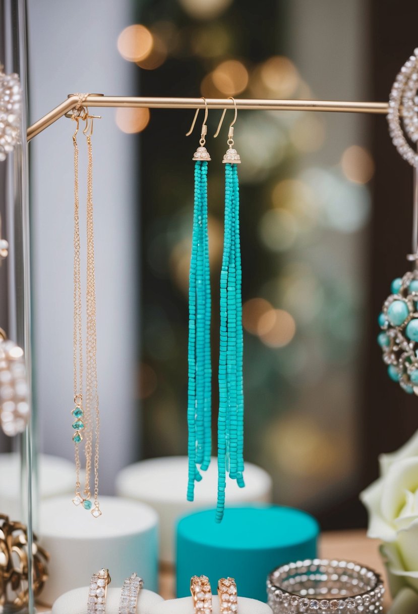 Two delicate turquoise threader earrings hanging from a display, surrounded by other wedding jewelry and accessories