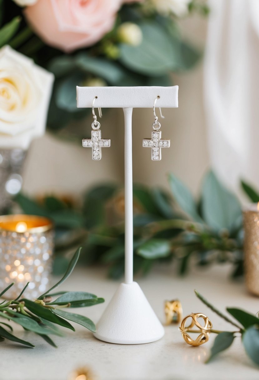 A pair of small cross charm huggies dangle from a delicate earring stand, surrounded by wedding-themed decor and inspiration