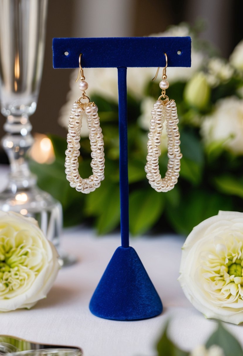 A pair of beaded dangle huggies earrings hanging from a display stand, surrounded by elegant wedding decor