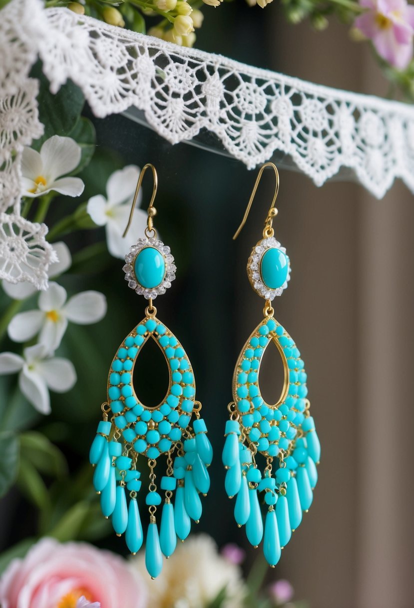 A pair of elegant turquoise chandelier earrings hanging from a display, surrounded by delicate lace and floral decor