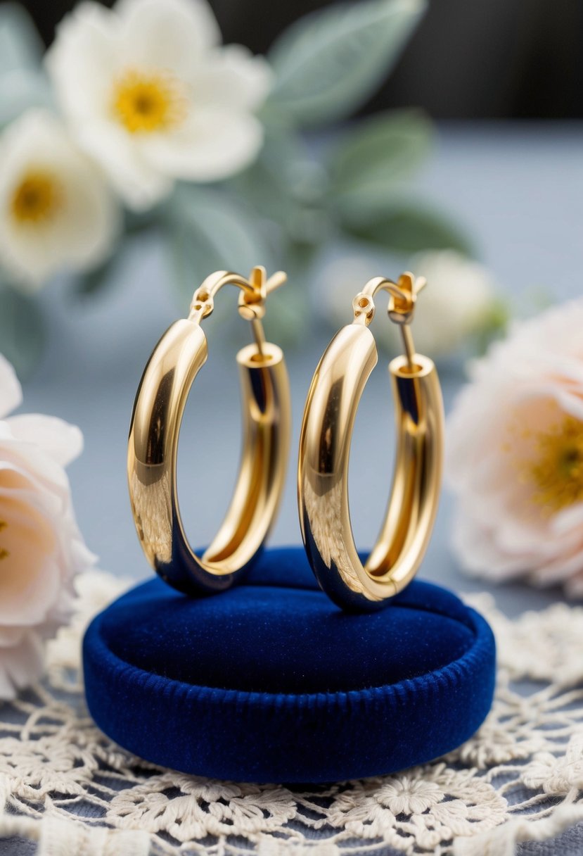 A pair of classic gold hoop huggie earrings displayed on a velvet cushion, surrounded by delicate lace and floral accents