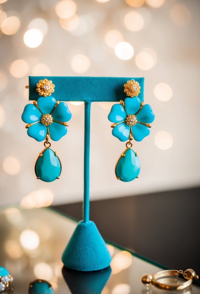 Turquoise flower earrings with gold accents displayed on a velvet jewelry stand