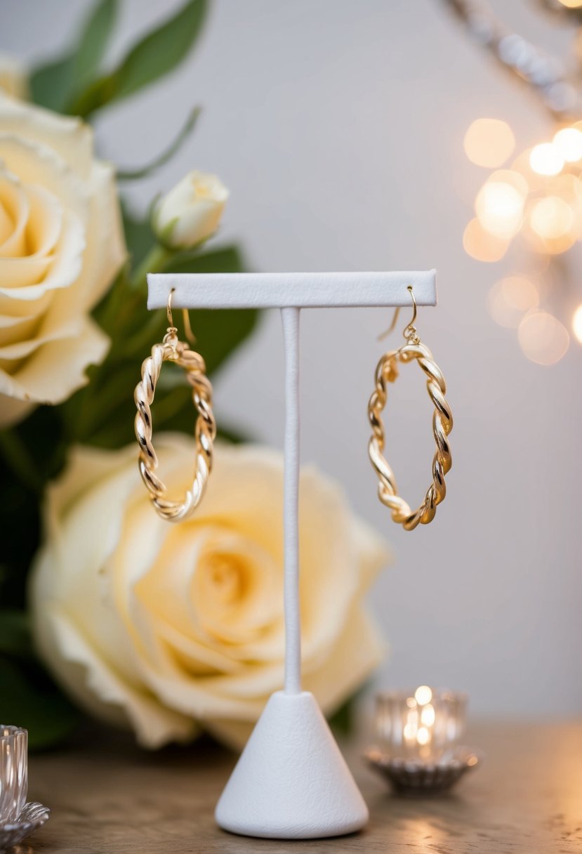 A pair of twisted hoop huggie wedding earrings dangling from a delicate jewelry stand, surrounded by soft, romantic lighting