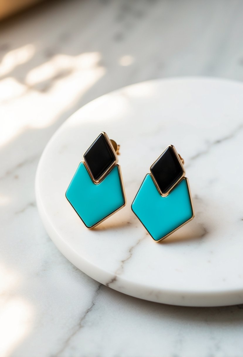 A pair of modern geometric turquoise earrings displayed on a white marble surface with soft natural lighting