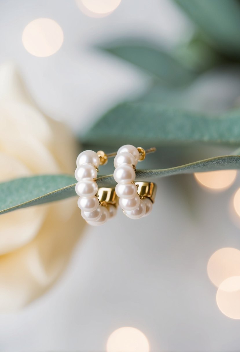 A close-up of delicate pearl huggie earrings against a soft, romantic background, with a hint of wedding decor