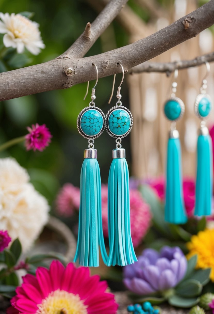 Turquoise tassel earrings hanging from a tree branch, surrounded by bohemian-inspired decor and flowers