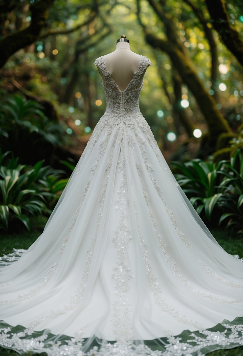 A grand, flowing wedding dress adorned with delicate lace and sparkling embellishments, set against a backdrop of lush, enchanted forest