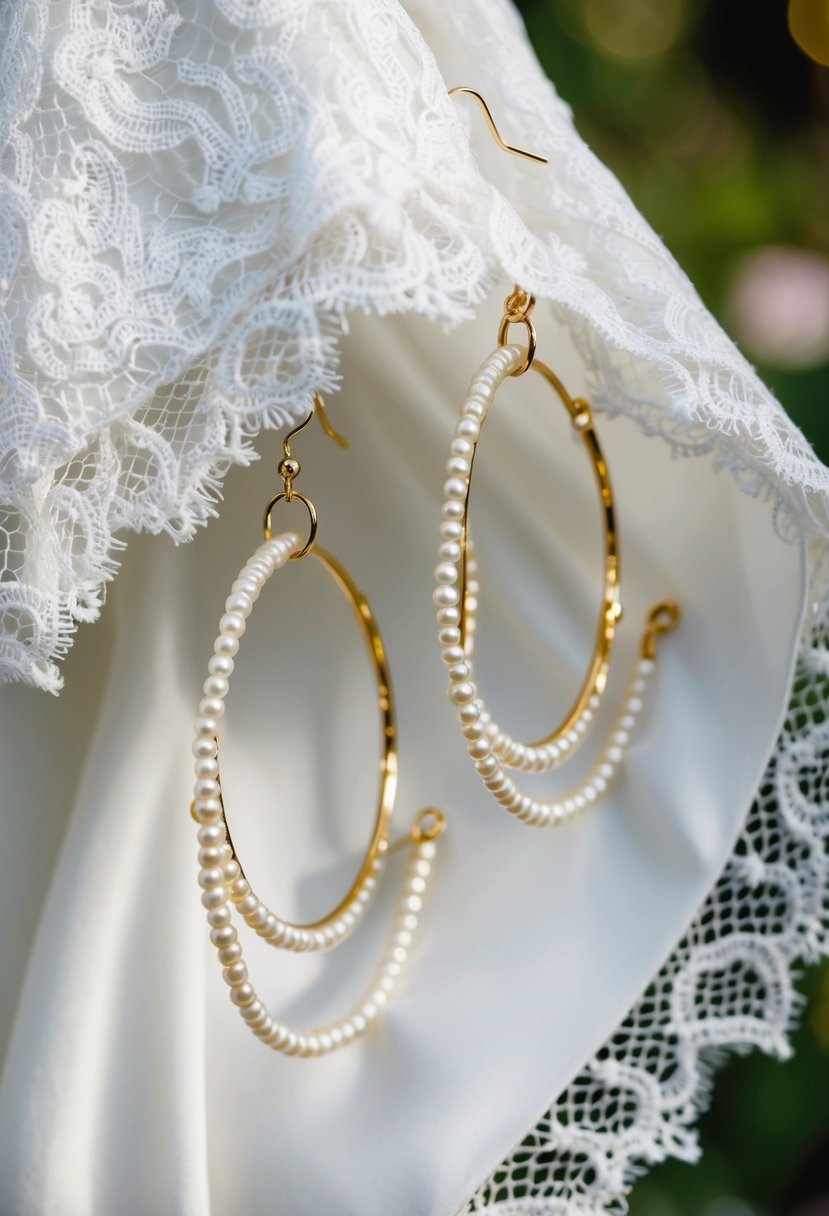 Delicate gold pearl hoops dangle from a white lace wedding gown, catching the light as they sway gently with each step