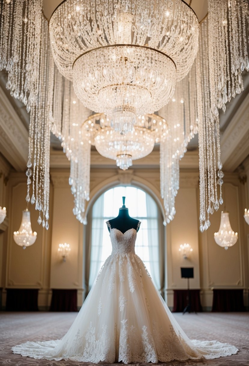 A grand ballroom with cascading crystal chandeliers, delicate lace drapery, and a stunning fairytale wedding dress on a mannequin