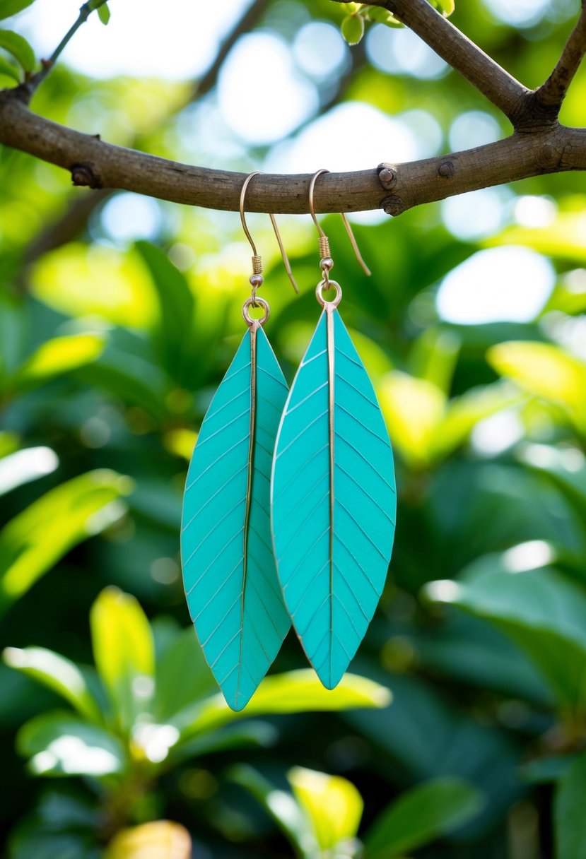 A pair of delicate turquoise leaf earrings hanging from a tree branch, surrounded by lush green foliage and dappled sunlight