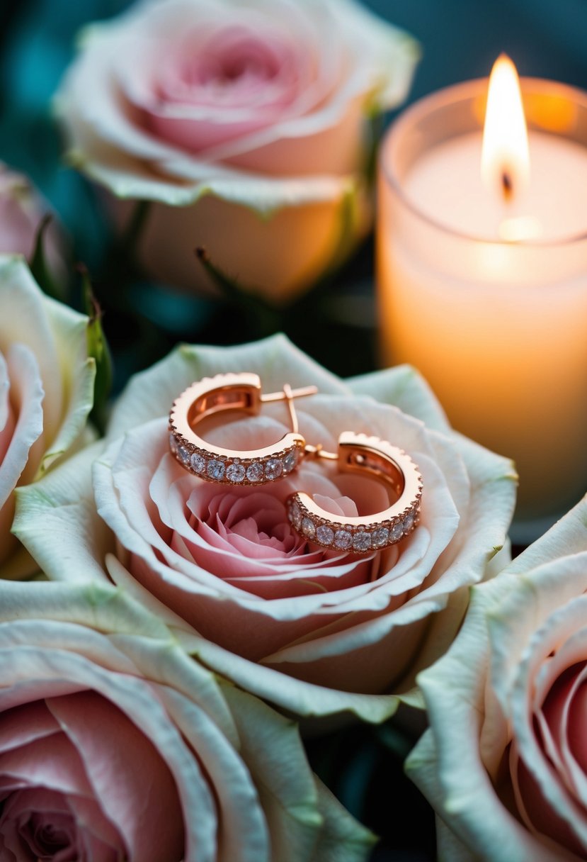 A pair of rose gold huggie wedding earrings nestled among delicate roses and shimmering candlelight