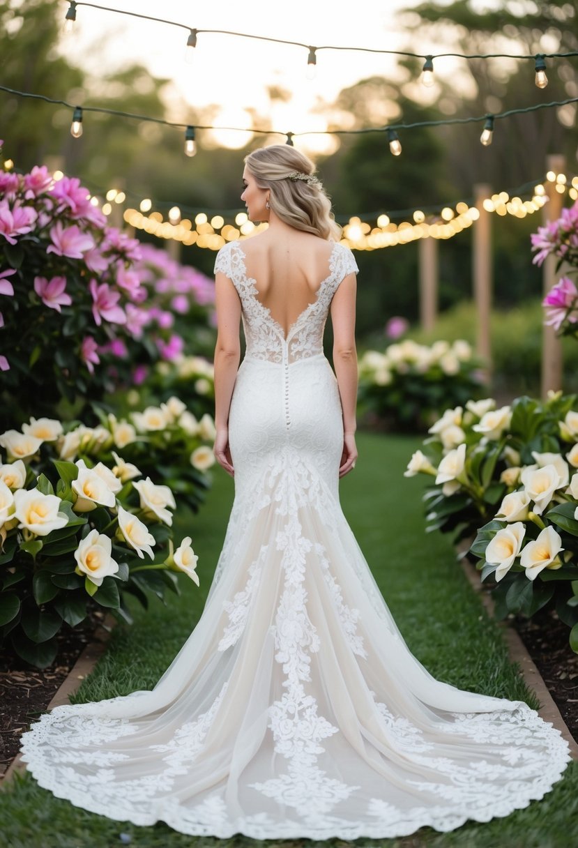 An ethereal lace dress with a flowing train, surrounded by blooming gardenias and twinkling fairy lights