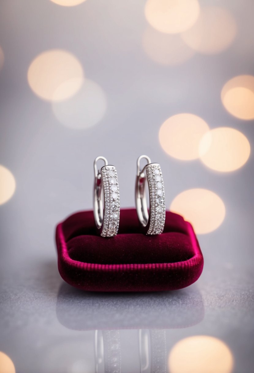 A pair of diamond-studded huggie earrings displayed on a velvet cushion against a soft, dreamy background