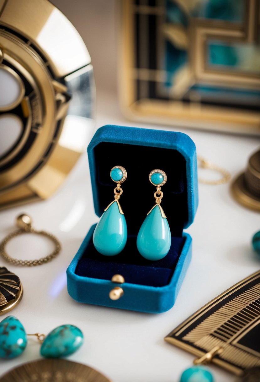 Turquoise teardrop earrings on a velvet jewelry box, surrounded by vintage Art Deco design elements