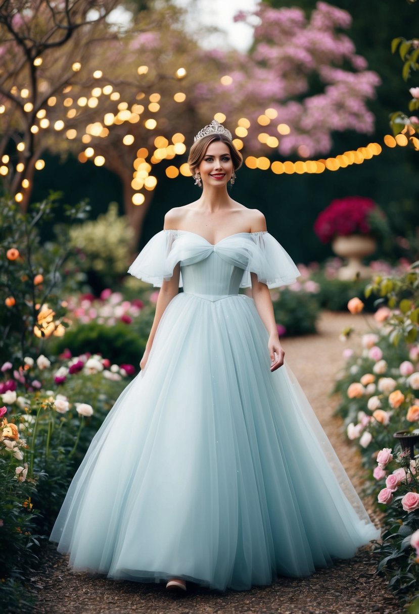 A princess in an off-the-shoulder tulle dress walks through a magical garden, surrounded by blooming flowers and twinkling fairy lights