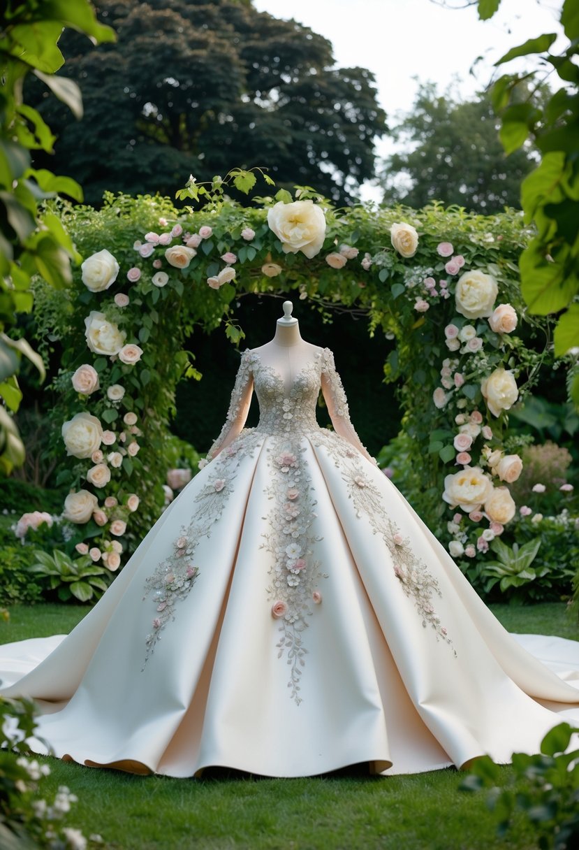 A lush garden with oversized flowers and vines, surrounding a grand, flowing gown with intricate floral appliqué and sparkling details